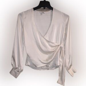 Express Silky Cream Wrap V Neck Peasant Sleeve Blouse Shirt Formal Office XS